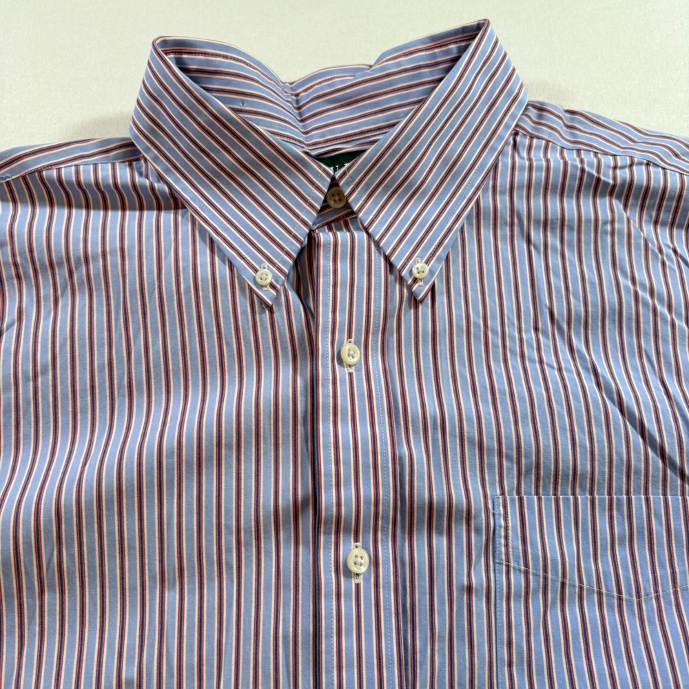 Lauren Ralph Lauren Dress Shirt Mens 17.5 34/35 Blue Red Striped Non-Iron Cotton